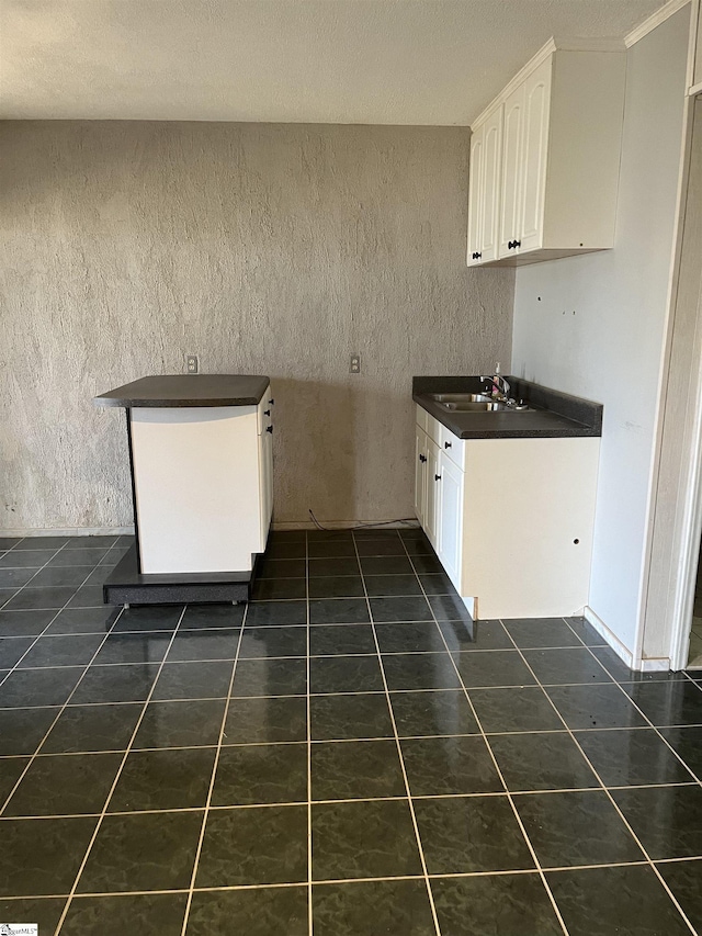 144 Amber Dr, Inman, SC 29349 - kitchen featuring dark tile patterned floors, a sink, white cabinets, fridge, and dark countertops