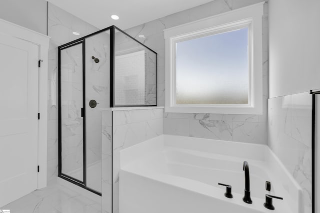 794 Hebron Church Rd, Iva, SC 29655 - full bathroom with a garden tub, marble finish floor, a marble finish shower, and recessed lighting