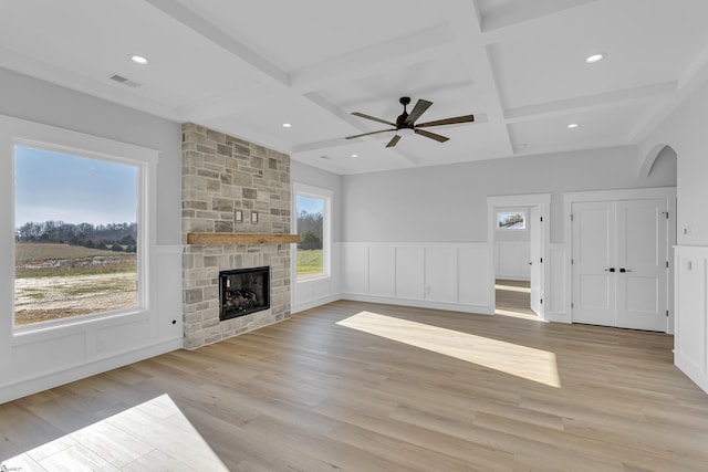 794 Hebron Church Rd, Iva, SC 29655 - unfurnished living room with coffered ceiling, beam ceiling, visible vents, and light wood finished floors
