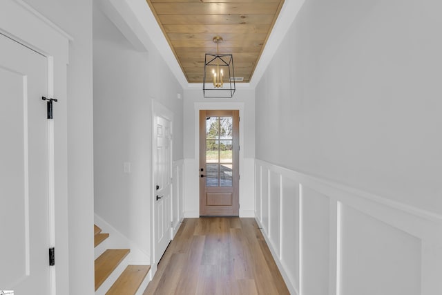 794 Hebron Church Rd, Iva, SC 29655 - doorway with a notable chandelier, wood ceiling, light wood-style floors, ornamental molding, and wainscoting
