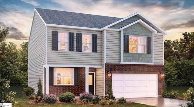 view of front of property featuring a garage, concrete driveway, and brick siding