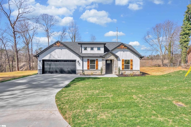 modern inspired farmhouse featuring a garage, a shingled roof, stone siding, concrete driveway, and a front yard