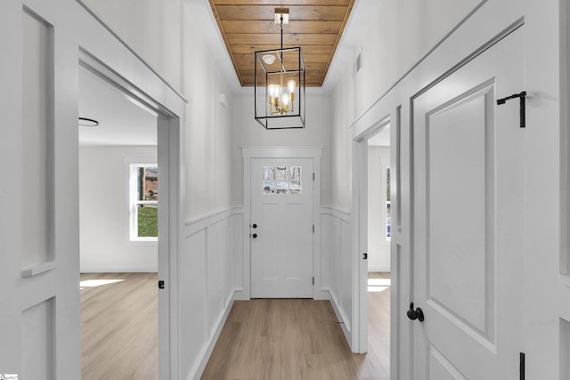 doorway to outside featuring light wood-type flooring, wainscoting, wooden ceiling, and visible vents