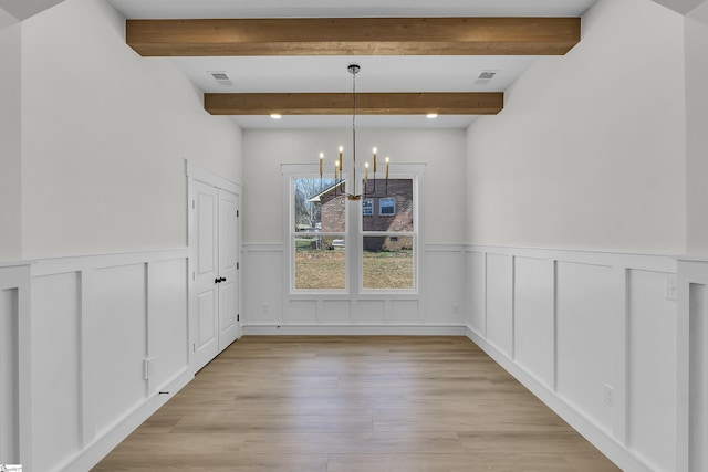 unfurnished dining area featuring a notable chandelier, visible vents, wainscoting, beam ceiling, and light wood finished floors