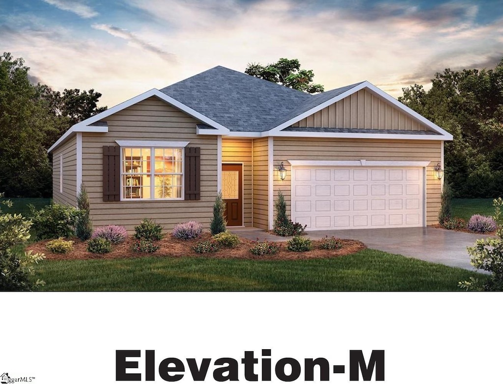 139 Fancy Trl Lot 0343, Anderson, SC 29621 - ranch-style home with a garage, driveway, a shingled roof, and board and batten siding