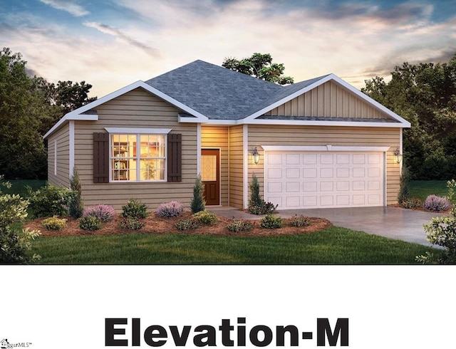 139 Fancy Trl Lot 0343, Anderson, SC 29621 - ranch-style home with a garage, driveway, a shingled roof, and board and batten siding