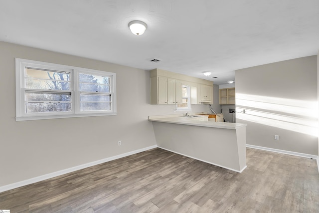 kitchen with a peninsula, plenty of natural light, wood finished floors, and visible vents