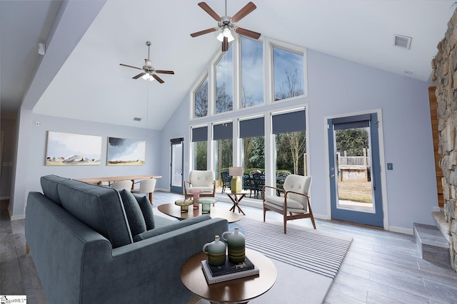 living room with high vaulted ceiling, visible vents, a wealth of natural light, and wood finished floors