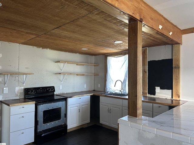 kitchen with wood ceiling, a sink, electric range, and open shelves