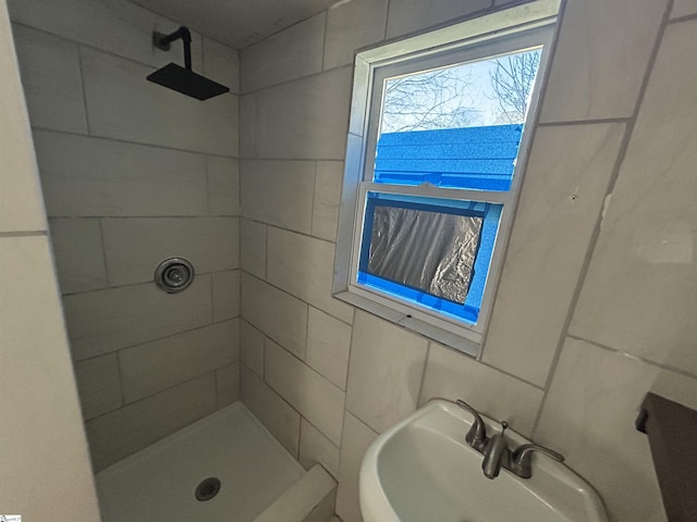 full bathroom with a sink and a shower stall