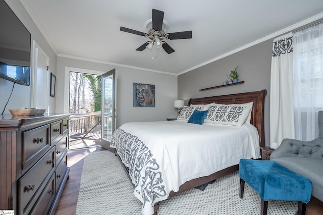 bedroom featuring access to outside, a ceiling fan, dark wood-style flooring, and crown molding