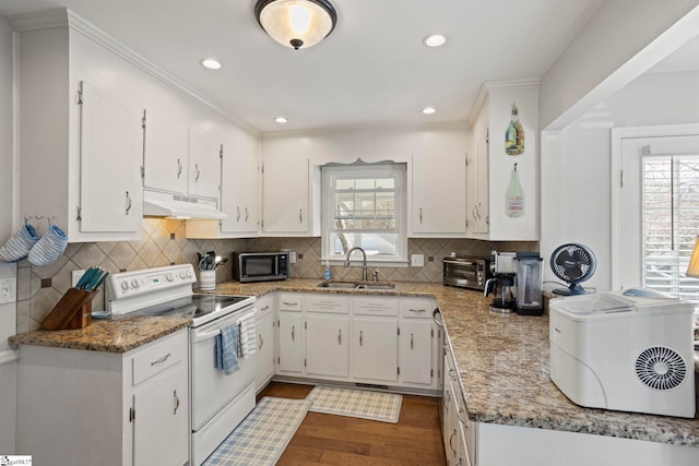 kitchen with under cabinet range hood, a sink, white cabinetry, white range with electric stovetop, and stainless steel microwave