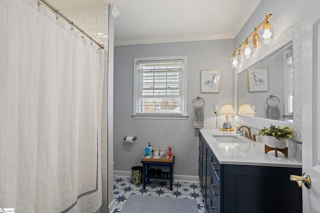 full bathroom featuring tile patterned floors, vanity, baseboards, ornamental molding, and a shower with curtain