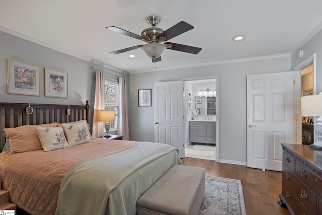 bedroom featuring baseboards, dark wood finished floors, connected bathroom, ornamental molding, and recessed lighting