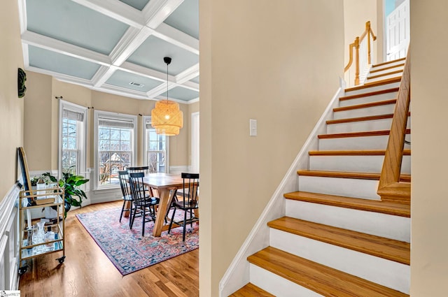 621 Shefwood Dr, Easley, SC 29642 - stairs with visible vents, wood finished floors, coffered ceiling, beamed ceiling, and baseboards