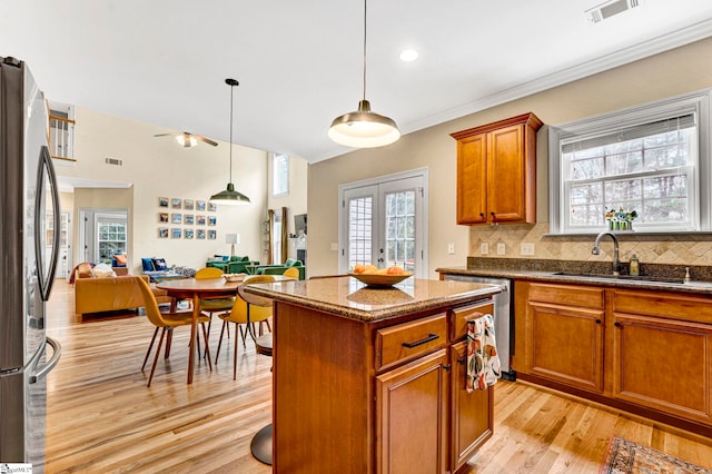 621 Shefwood Dr, Easley, SC 29642 - kitchen featuring french doors, visible vents, appliances with stainless steel finishes, open floor plan, and a sink