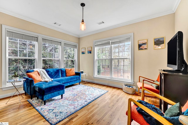 621 Shefwood Dr, Easley, SC 29642 - living room featuring visible vents, ornamental molding, and wood finished floors