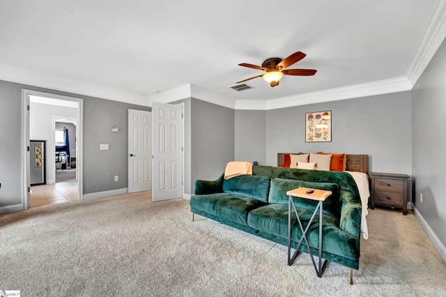621 Shefwood Dr, Easley, SC 29642 - bedroom with light colored carpet, visible vents, ornamental molding, a ceiling fan, and baseboards