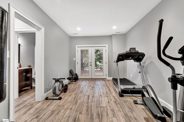 621 Shefwood Dr, Easley, SC 29642 - exercise room with baseboards, french doors, recessed lighting, and light wood-style floors