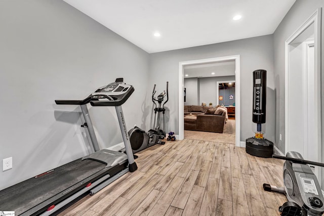 621 Shefwood Dr, Easley, SC 29642 - exercise room featuring baseboards, wood finished floors, and recessed lighting