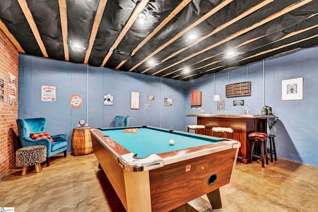 621 Shefwood Dr, Easley, SC 29642 - rec room featuring concrete flooring, pool table, a dry bar, and brick wall
