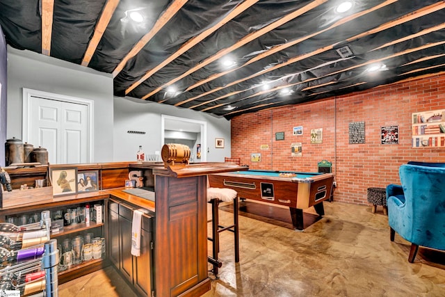 621 Shefwood Dr, Easley, SC 29642 - rec room with concrete flooring, indoor bar, billiards, and brick wall
