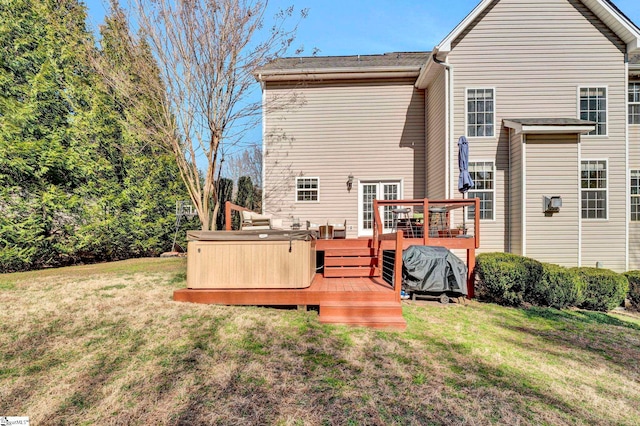 621 Shefwood Dr, Easley, SC 29642 - back of house featuring a deck, a lawn, and a hot tub