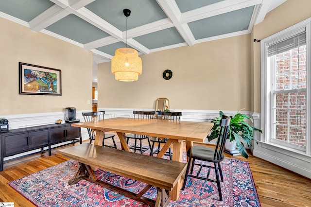 621 Shefwood Dr, Easley, SC 29642 - dining room featuring light wood-type flooring, a wainscoted wall, coffered ceiling, and beam ceiling
