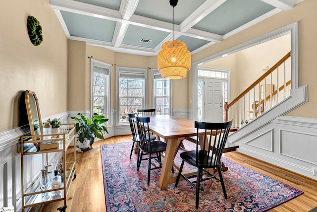 621 Shefwood Dr, Easley, SC 29642 - dining space featuring coffered ceiling, wood finished floors, visible vents, wainscoting, and beamed ceiling