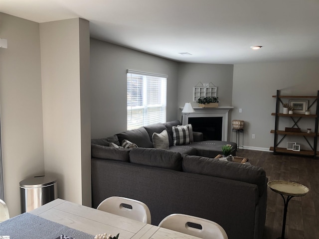 living area with a fireplace, baseboards, and dark wood finished floors