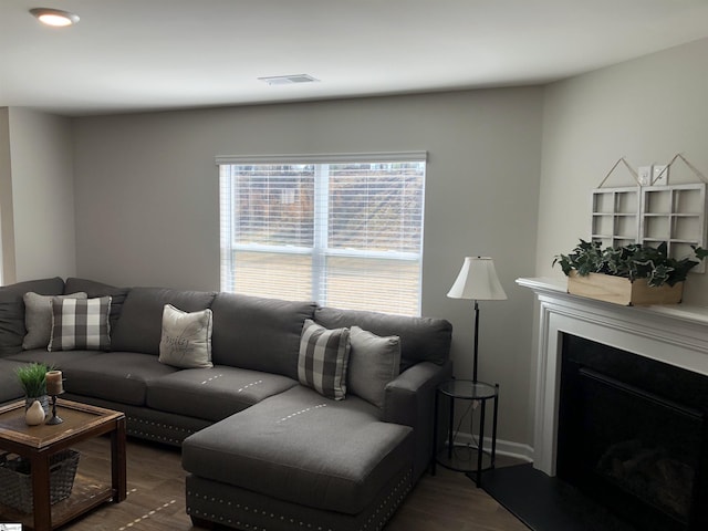 living room with a fireplace, wood finished floors, and visible vents