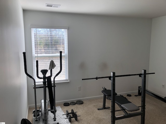 workout room featuring carpet, visible vents, and baseboards