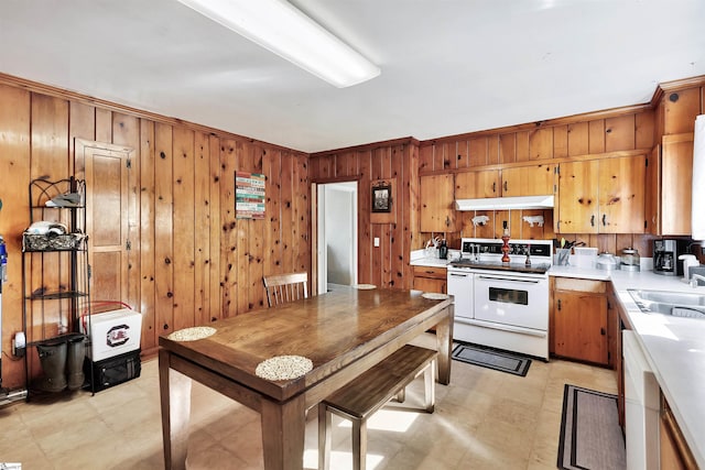 kitchen with electric stove, brown cabinets, light countertops, under cabinet range hood, and a sink