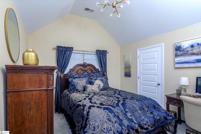 bedroom with vaulted ceiling, carpet, visible vents, and an inviting chandelier