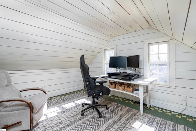 office featuring wooden ceiling, wood walls, and vaulted ceiling