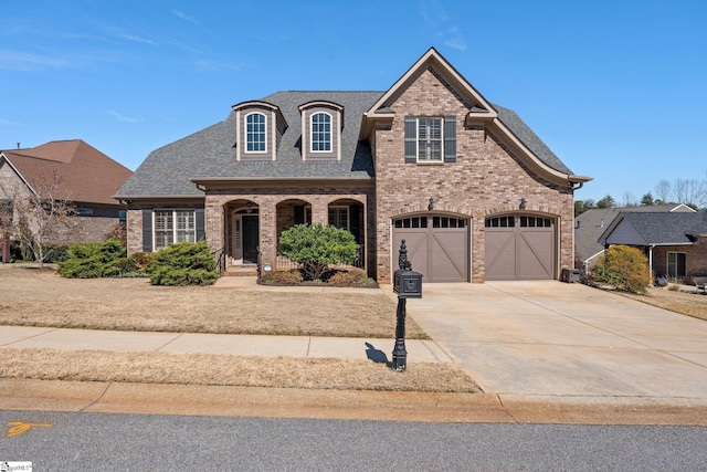 view of front of house with driveway, roof with shingles, a garage, and brick siding