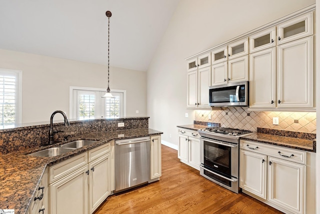 kitchen featuring vaulted ceiling, appliances with stainless steel finishes, a sink, and a wealth of natural light