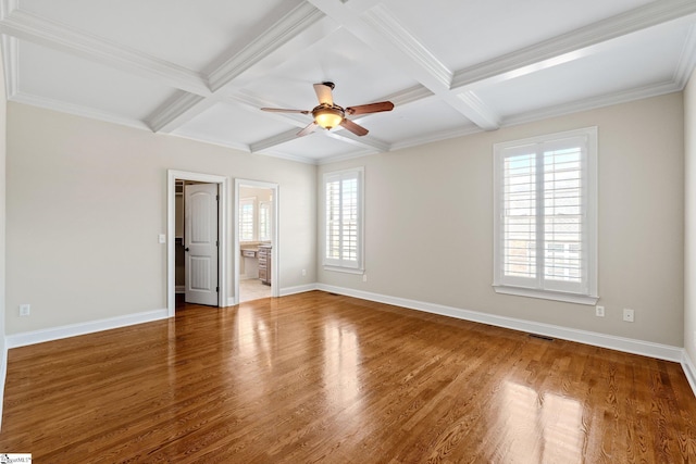 spare room with coffered ceiling, visible vents, and wood finished floors