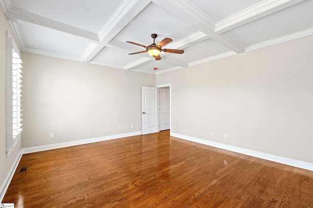 empty room with visible vents, baseboards, coffered ceiling, wood finished floors, and beam ceiling