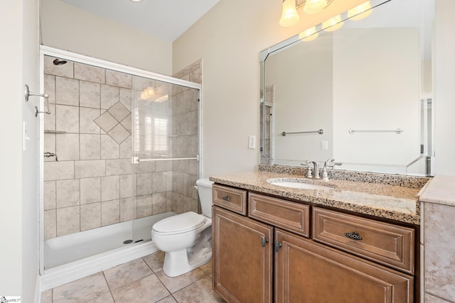 full bath featuring toilet, a shower stall, tile patterned flooring, and vanity