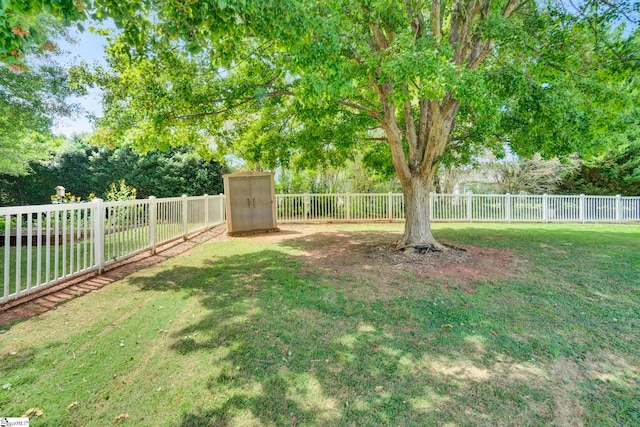 view of yard with a storage shed, an outdoor structure, and a fenced backyard