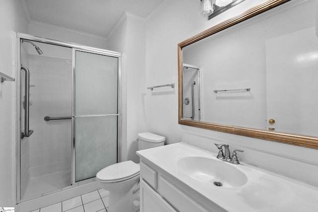 full bathroom featuring toilet, a stall shower, ornamental molding, and tile patterned floors