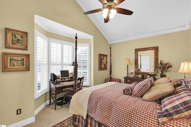 bedroom with crown molding, vaulted ceiling, baseboards, and light colored carpet