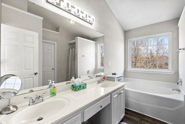 bathroom featuring a bath, vaulted ceiling, and a sink