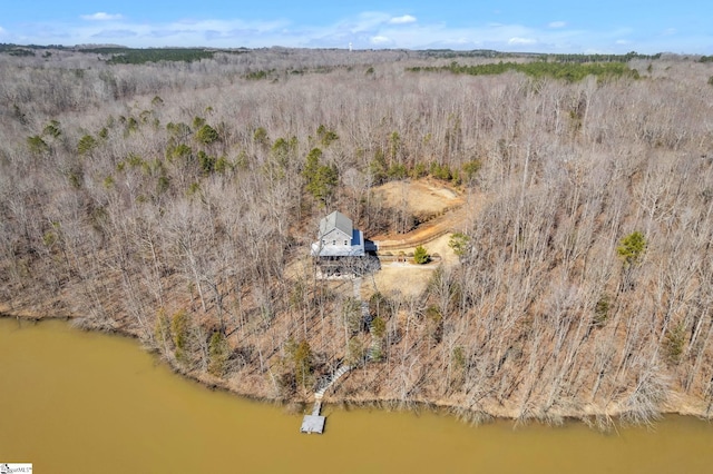 bird's eye view with a water view and a view of trees