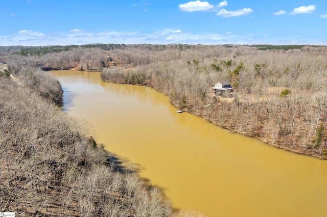 birds eye view of property featuring a water view and a forest view