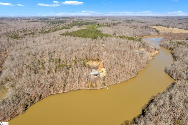 aerial view with a water view and a view of trees