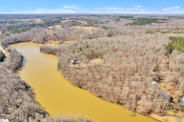 drone / aerial view with a forest view and a water view