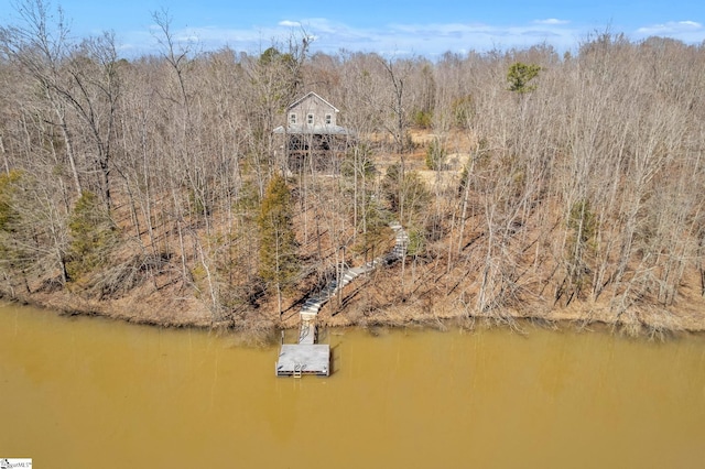 bird's eye view with a water view and a wooded view