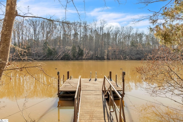 view of dock with a water view and a view of trees